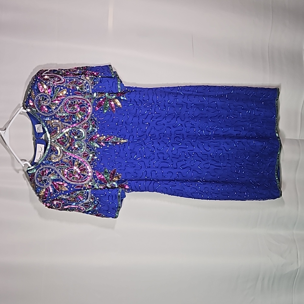 Lawrence Kazar Royal Blue Beaded and Sequined Silk Dress Sz L